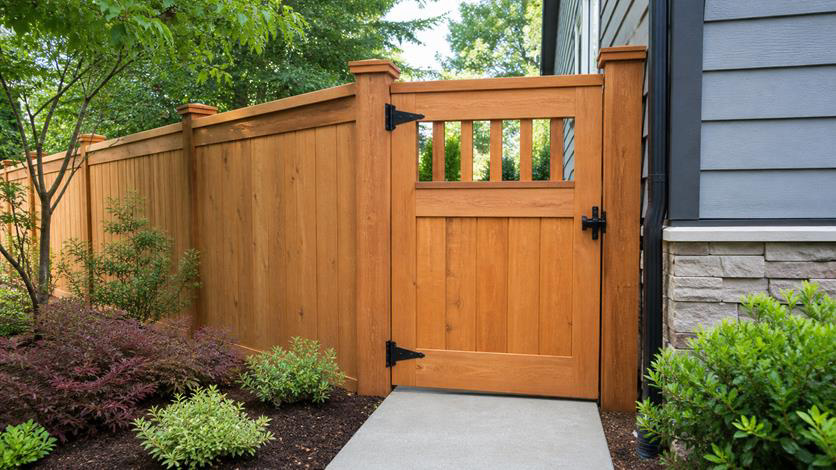 Cedar wood fence with gate for home privacy and curb appeal 