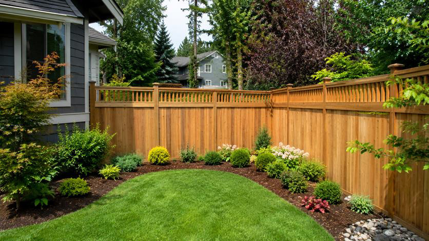 Residential cedar privacy fence installed in backyard